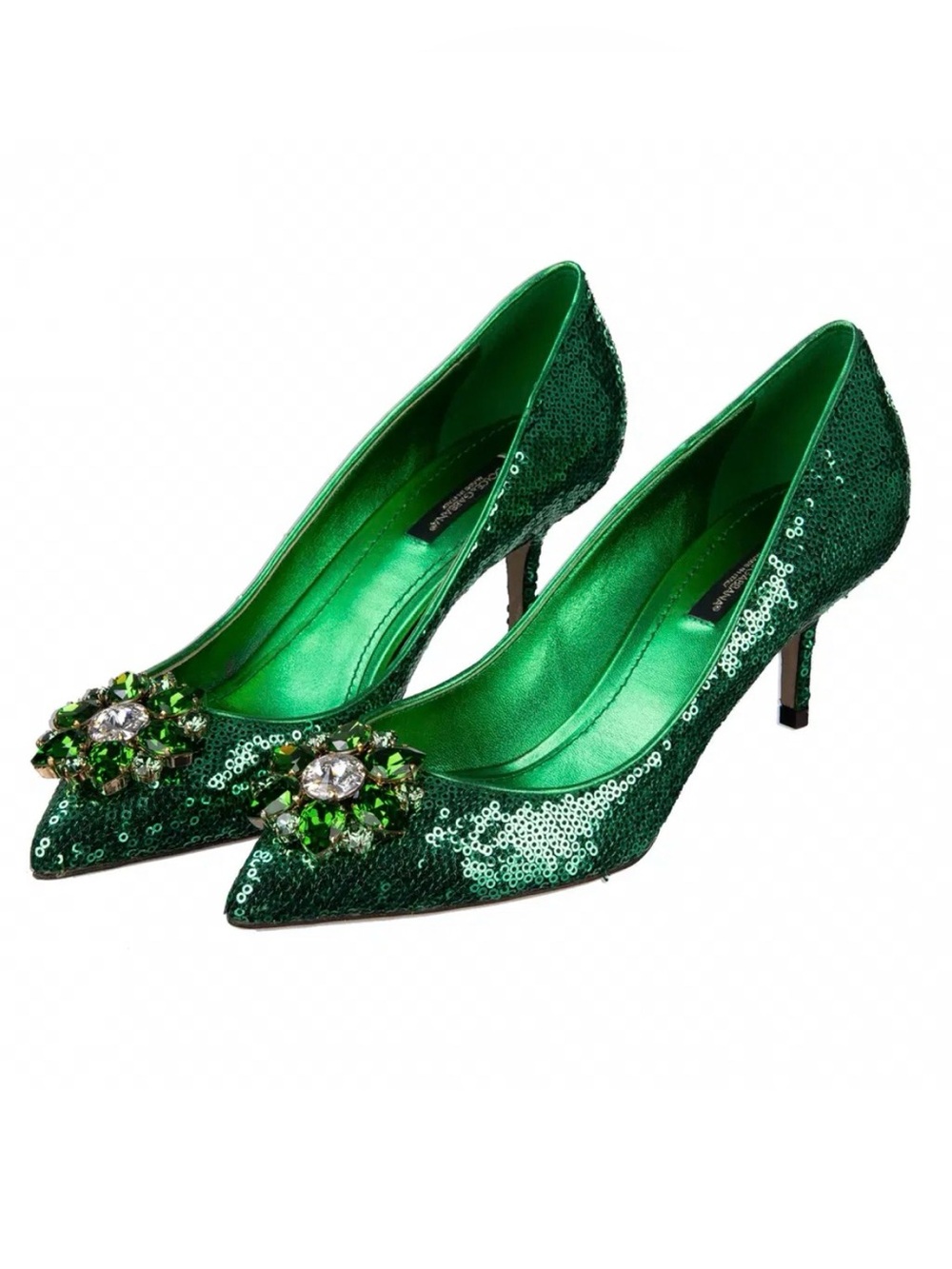 Dolce & Gabbana Emerald Sequin Pointed Toe Pumps with Jeweled Brooch, Sequined